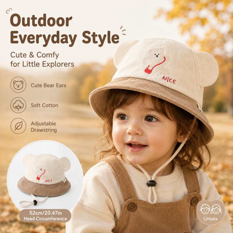 Kids Bear Ear Bucket Hat Soft  - Kids Outdoor Hat ulasan dan harga